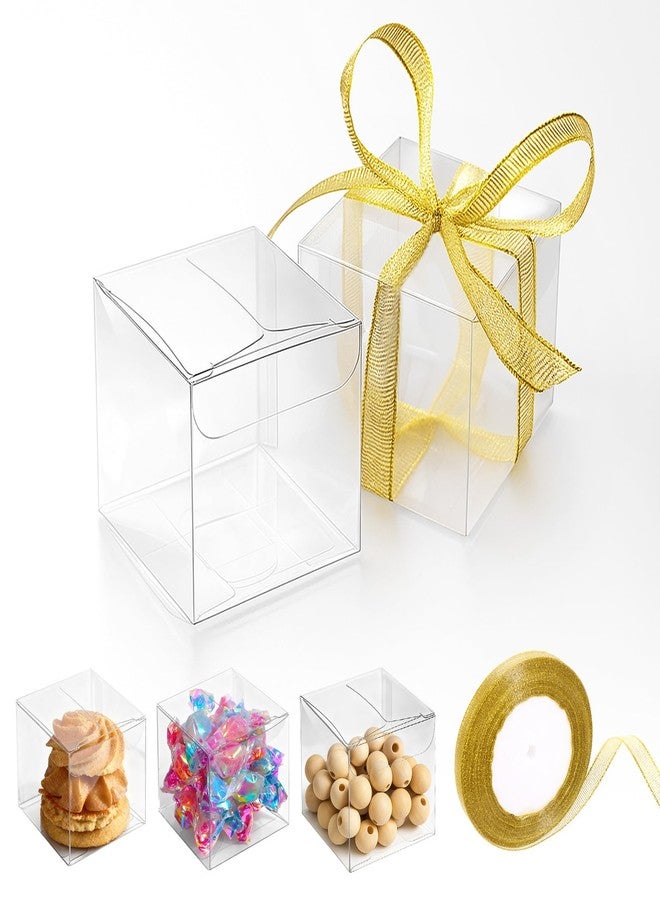SHENLIU 200 Pack Clear Favor Boxes with Ribbons, 2 x 2 x 2Inches Mini Transparent Cube Treat Boxes Small Candy Containers Plastic Gift Box for Macaron, Wedding, Baby Shower, Birthday, Party Favors - Image 1